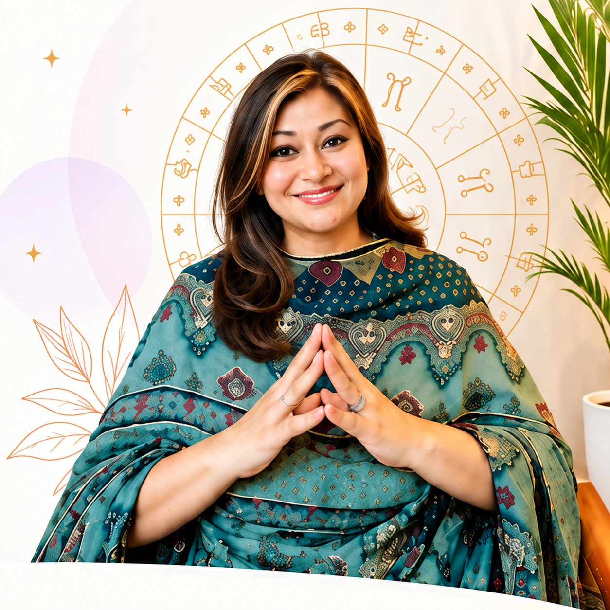 Mystic Sciences consultant welcoming you with folded hands, with a zodiac wheel behind her